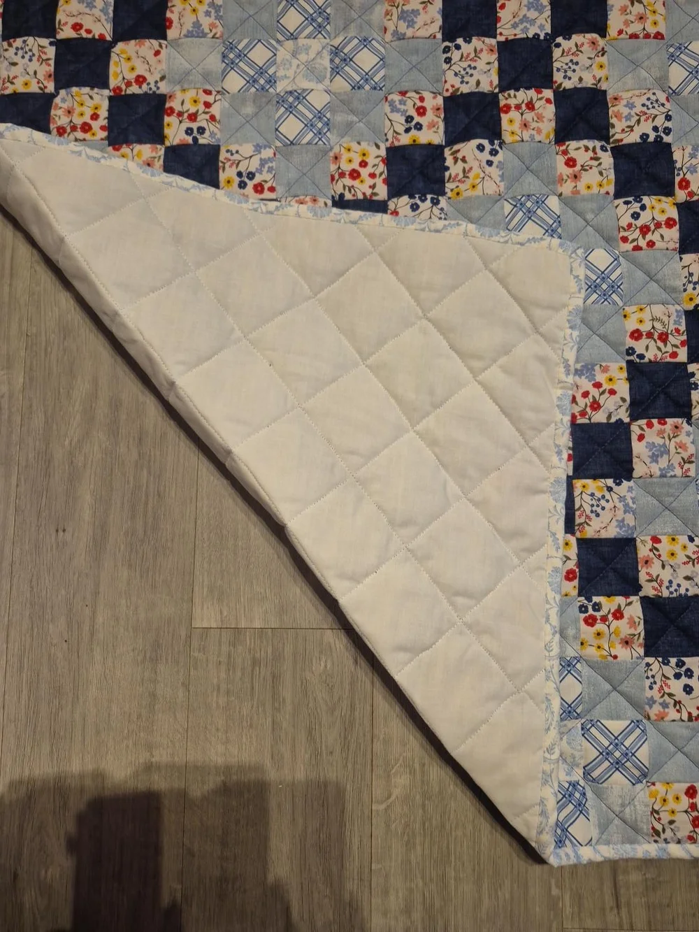 New Handmade Patchwork Floral Throw Quilt Blue Cottagecore 56.5” x 70”